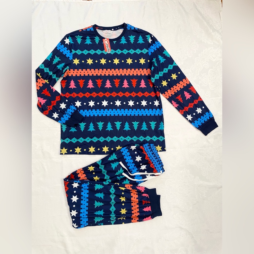 Patpat Men tree, star and Fair Isle print pajama sets, Size L